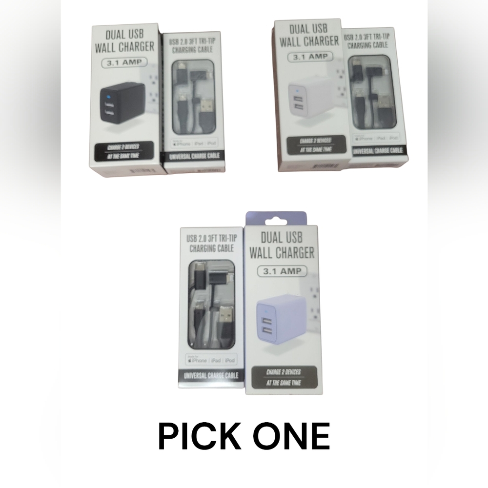Dual USB Wall Charger & Usb 2.0 3 Ft Tri-tip Charging Cable NIB